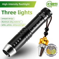 Linterna LED UV 3 en 1 DUNFBIRD Blanca y Amarilla de 365nm, Recargable por USB, Resistente al Agua IP54, Alcance de 0-200M, Cuerpo de Aluminio, 5000K