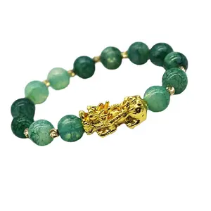 Natural Stone Agate Cyan Jade Women Men Real Gold Plated Black Buddha Bead Bracelet Pixiu Wealth Bracelet