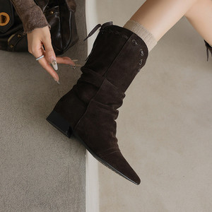Nouveautés 2026 Bottes d'hiver pour femmes à bout pointu, style <span class=keywords><strong>cowboy</strong></span>, à lacets, confortables, à talon plat, à enfiler, économiques - Product Image 5