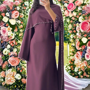 Wholesale 2026 Modest Luxury Dubai Elegant Plus Size Autumn Evening Party Wedding <b>Satin</b> Abaya Dress Solid Beaded Long Maxi <b>Robe</b> - Product Image 2
