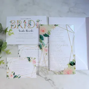 Son çıkan yaratıcı Minimalist çiçek tasarım UV baskı şeffaf akrilik davetiye suluboya RSVP kartları düğün davetiyesi seti