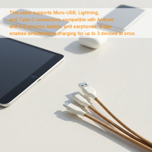 Cable USB Ecológico de Corcho y Paja de Trigo - Cable de Datos USB Multicarga 3 en 1 para Android/iOS - Product Image 2