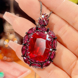 Brass Gold Plated Red Corundum Black Jadeite Pendant Necklace 15*20mm Luxury Statement Link <b>Chain</b> Unisex Daily Occasion Wear - Product Image 4