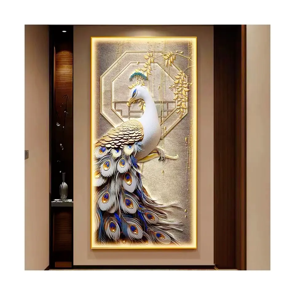 モダンな高級ピーコック動物装飾絵画LEDクリスタル磁器壁アート絵画リビングルームの家の装飾