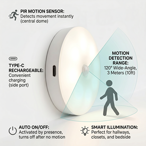 Rechargeable 6000K White Round Motion Sensor <b>Light</b> Type C PIR LED <b>Puck</b> <b>Light</b> for Cabinet Closet Wardrobe - Product Image 4