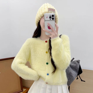 Cardigã Feminino de Mohair Felpudo com Gola Redonda e Botões, Manga Longa, Estilo Coreano, Coleção Outono Inverno 2026 - Sucesso de Vendas - Product Image 1
