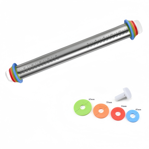 Rouleau à pâtisserie français en acier inoxydable de 16 pouces avec anneau de réglage d'épaisseur pour la pâtisserie et la confection de pâtes, rouleau à pâte en métal - Product Image 1