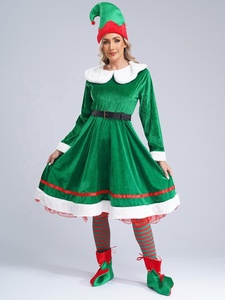 <b>Womens</b> Velvet Dress White Fur Peter Pan Collar Red Ribbon Hem Black <b>Belt</b> <b>Gold</b> Buckle <b>Women</b> Elf Costume for Christmas Cosplay - Product Image 5