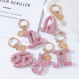 Portachiavi in Lega di Zinco con Stampa UV e Strass Rosa, <span class=keywords><strong>12</strong></span> Segni Zodiacali, Regalo per Amiche, San Valentino, Accessori Auto, Charm per Borsa, Scuola - Product Image 1
