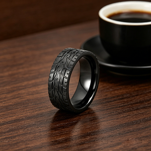 Bague en zirconium noir de 8 mm à motif de <span class=keywords><strong>bande</strong></span> de roulement pour homme, style punk, motard, alliance, cadeau de bijoux - Product Image 6