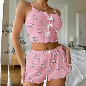 LISO Personalizado Coração-Forma Bonito das Mulheres Impresso Halter Pijama Conjunto Frente Fenda Home Wear Pijamas - Product Image 5