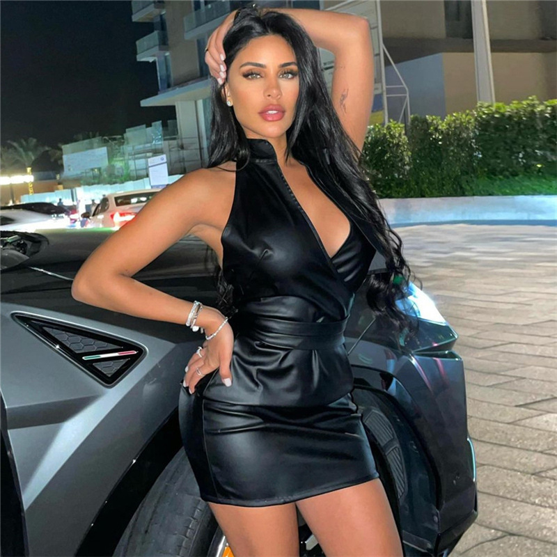 2022 New Arrival summer clothing fashion backless low cut sexy bodycon Black PU leather dress for women