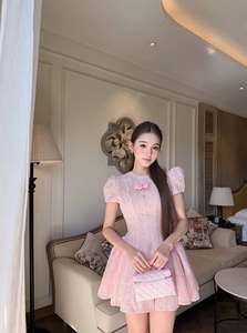 Wholesale Sweet Pink <b>Mini</b> Dress Women Short <b>Lantern</b> Sleeve Jacquard Party Elegant Vintage Coquette Custom Anti-static Breathable - Product Image 6