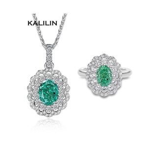 Ensemble collier et bague en argent 925 avec pendentif ovale taille émeraude, forme fleur, bijoux de luxe pour femme, parure de mariage, bijoux fins - Product Image 1