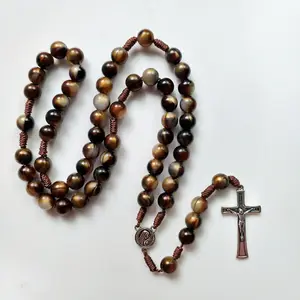 Rosario da 10 mm con perle in agata, collana cattolica per <span class=keywords><strong>uomo</strong></span> e donna, rosari intrecciati a mano con crocifisso e medaglia di Santa Maria - Product Image 2