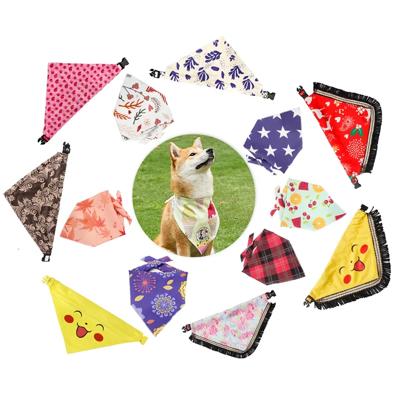 2024 ucuz köpek Bandana özel tasarım moda etiket cilt dostu polyester pet bandana kedi fular köpekler için yaka ile set