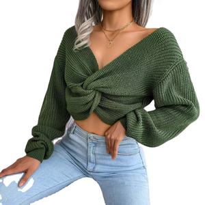 Women's Comfortable Anti-Wrinkle Loose Short Crochet <b>Top</b> with <b>V</b>-<b>Neck</b> and <b>Long</b> <b>Sleeves</b> Breathable Hot Product - Product Image 1