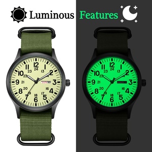 Montre de sport pour homme avec mouvement à quartz analogique, boîtier rond, bracelet en nylon vert, marquages 24 heures - Product Image 6