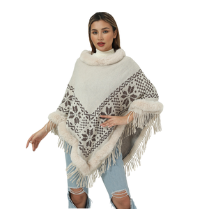 Nuovo arrivo transfrontaliero: scialle invernale con collo di pelliccia, orlo con frange di perline e Design accogliente in maglia da donna - Product Image 1