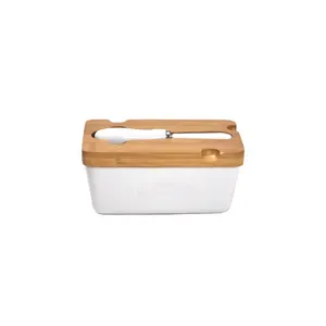 批发陶瓷矩形黄油盒带木盖和刀黄油储物罐经典定制厨具