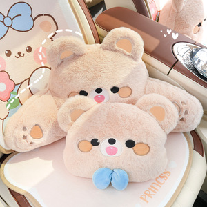 Appuie-tête et support lombaire en peluche pour voiture, coussin doux en forme d'ours de dessin animé pour l'automne et l'hiver, ensemble de coussins de siège - Product Image 2