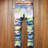 Denim de haute qualité Logo personnalisé déchiré Patch peinture multicolore hommes commerce extérieur élastique petit jean droit