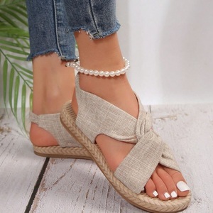 Sandales plates bohèmes à nœud torsadé, dessus en lin, semelle tressée en jute, bride élastique, chaussures de marche pour les vacances et l'extérieur - Product Image 2