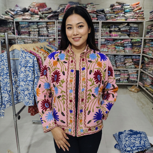 Women's Pink Floral Embroidered Blouson Jacket Mandarin Collar Full Sleeve Hand Embroidery Autumn Style <b>gift</b> for her - Product Image 1