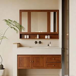 Meuble-lavabo mural moderne Balom à vasque unique avec miroir LED, finition imitation bois écologique - Product Image 6