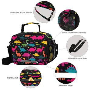 Sac à déjeuner isotherme portable et réutilisable pour enfants avec fermeture éclair en aluminium imprimé dinosaures colorés et bandoulière - Product Image 4