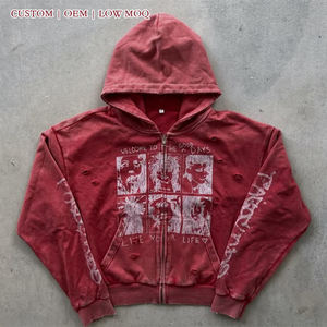 Sweat à capuche zippé personnalisé, style vintage délavé et vieilli, imprimé graphique, streetwear, coupe oversize, OEM, faible MOQ - Product Image 1