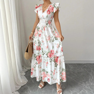 Vestido Maxi de <span class=keywords><strong>Verano</strong></span> para <span class=keywords><strong>Mujer</strong></span>, Estilo Vintage, Elegante, Transpirable, Estampado Floral, Corte en A, Sin Mangas, Cuello en V, con Volantes, Natural - Product Image 5