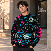Pull personnalisé pour homme en acrylique, col rond, 480 GSM, tricot plat 5GG, imprimé graphique, coupe oversize, épaules tombantes, tricotage OEM