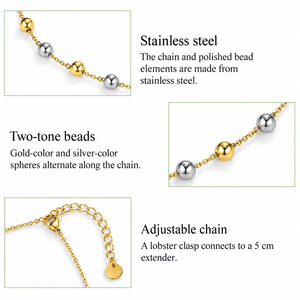 Collier à chaîne de perles bicolore en acier inoxydable plaqué or 14K sous vide, réglable 40+5 cm, design sans pendentif - Product Image 4