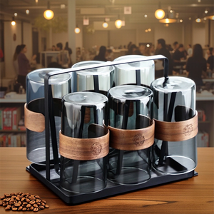 300ml semplice vetro grigio fumo alto borosilicato colorato tazze da <span class=keywords><strong>caffè</strong></span> tè con manico in legno 6 pezzi set con supporto - Product Image 4