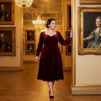 Robe midi en velours massif personnalisée Saint-Pétersbourg Russie, style impérial, pour femme, grande taille, bordeaux, col cœur en dentelle, service OEM