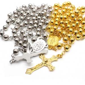 Collier de prière en perles de laiton plaqué or 18 carats avec croix religieuse, cadeau unisexe - Product Image 1