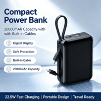 Batterie externe portable haute capacité 20000mAh 22.5W à charge rapide avec écran LCD, câbles doubles intégrés, vente en gros, OEM, logo personnalisé