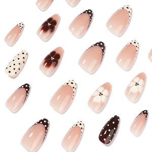 <span class=keywords><strong>Uñas</strong></span> Postizas <span class=keywords><strong>de</strong></span> Almendra Color Nude con Puntos Marrones, Punta Francesa y Detalles Florales Pintados a Mano <span class=keywords><strong>para</strong></span> un Estilo Minimalista Otoñal - Product Image 2