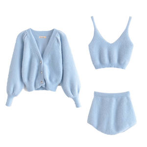 Ensemble trois pièces en peluche <span class=keywords><strong>Mohair</strong></span> pour femme, 3 pièces, col en v, Top court sans manches, taille haute, short et Cardigan, veste - Product Image 3