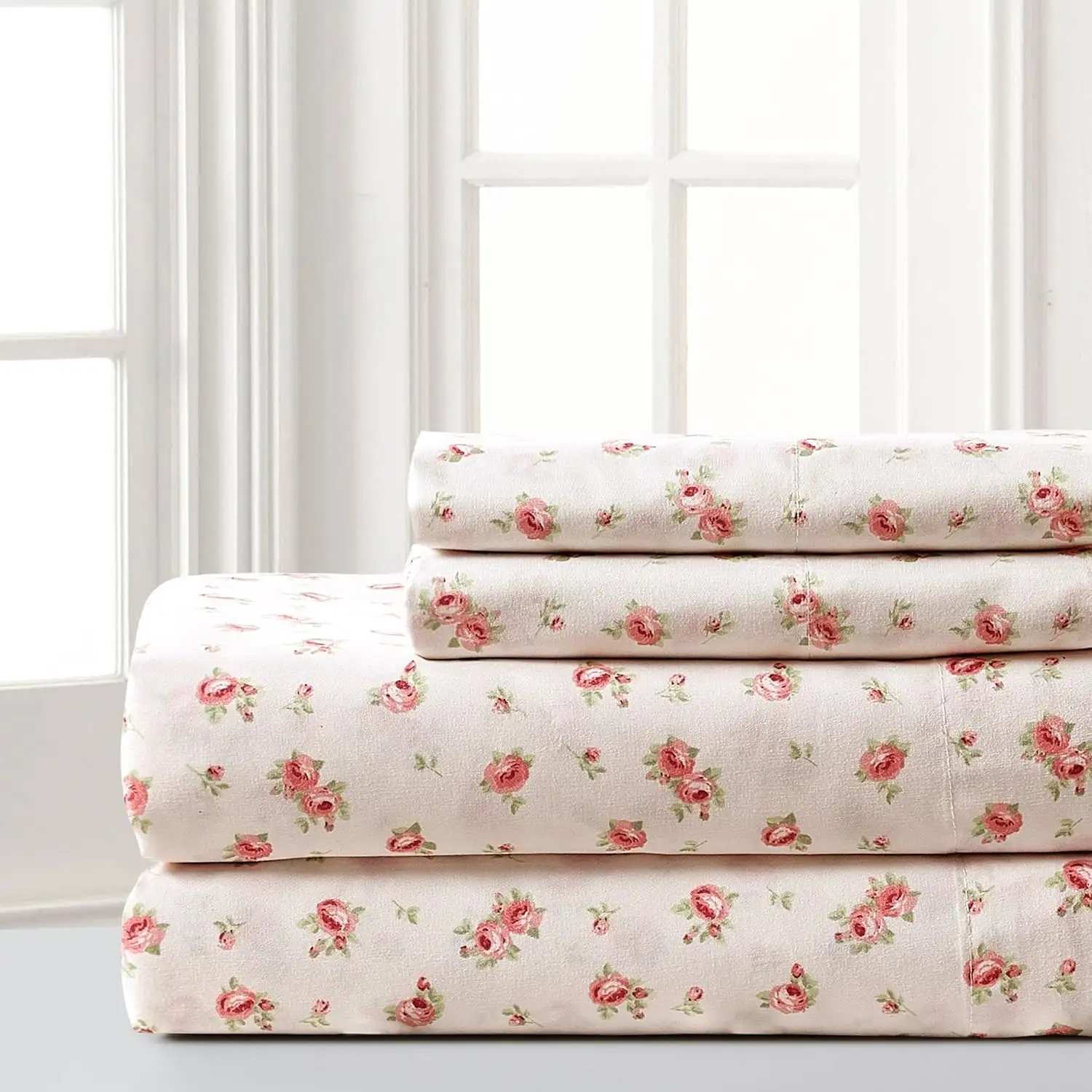Conjunto de cama de microfibra luxuoso com estampa de rosas e microfibra macia, lençol de 4 peças, edredom e lençol