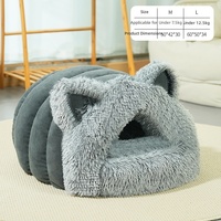 Coussin universel quatre saisons en peluche avec grandes oreilles de chat et collier, bleu paon, taille M, pour animaux de compagnie jusqu'à 6,8 kg, nid de sommeil pour chats et chiens