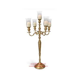 Candelabra 5 Arms Clear Glass Chimney For Tea Light Gold Colored Modern Design Wedding Handmade Candelabra