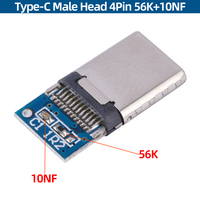 Conector Tipo C Macho de 4 Pines con PCB Integrado, Resistencia de 56K y Condensador de 10nF, Carga Estable y Transferencia de Datos