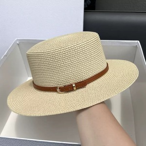 AIGEFMM Straw Wide Brim Flat Top Hat With Leather Belt Sun Protection Summer Beach Women's Retro Style - Product Image 4