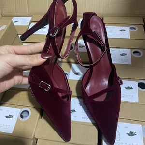 2025 New Arrival Quites Women's Summer <b>Pumps</b> Waterproof <b>Wine</b> Red Suede Pointy High Heels Fine Buckle Sexy Thin Heel - Product Image 3