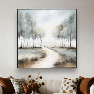 Decoración del Hogar, Arte Mural de Paisaje de Camino en un Bosque Brumoso, Pintura Abstracta Texturizada de Árboles, Pinturas al Óleo - Product Image 1