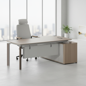 Bureau <span class=keywords><strong>de</strong></span> direction moderne en forme <span class=keywords><strong>de</strong></span> L, en panneaux <span class=keywords><strong>de</strong></span> fibres à densité moyenne, finition bois <span class=keywords><strong>de</strong></span> noyer + gris nacré - Product Image 1