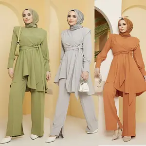 Factory custom muslim detailed asymmetric crepe dress set islamic abaya woman tops and pants two piece set