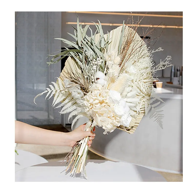 2022 Fall Bridal Rose Flower bouquet with palm leaf Natural Boho dried flower bouquet for home deco arrangement